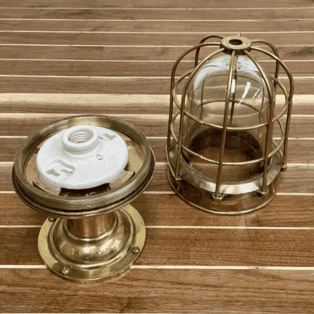 Nautical Dock Light - Brass Cage (7) Light fully disassembled showing all parts separately