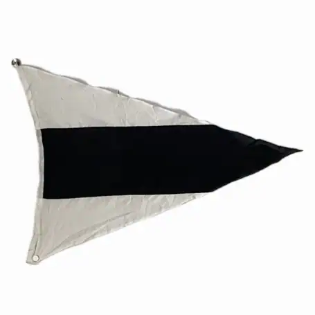 Nautical ICS 3rd substitute flag showing full triangular shape laid flat with clear black center stripe.