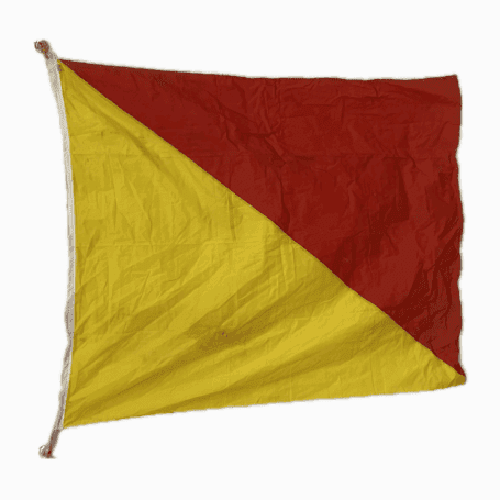 Original Oscar Maritime Signal Flag 02 Salvaged Oscar maritime signal flag with diagonal red and yellow design, used aboard ships for man overboard alert