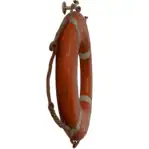 Side view of salvaged life ring from the CE-DUKE with original rope and weathered finish