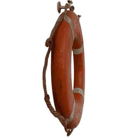 Original Salvaged Life Ring - CE-DUKE, Valletta (2) Side view of salvaged life ring from the CE-DUKE with original rope and weathered finish