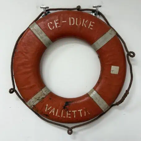 Salvaged life ring from the CE-DUKE ship with painted Valletta lettering