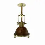 Front view of salvaged marine pendant with patinated copper shade and brass mount