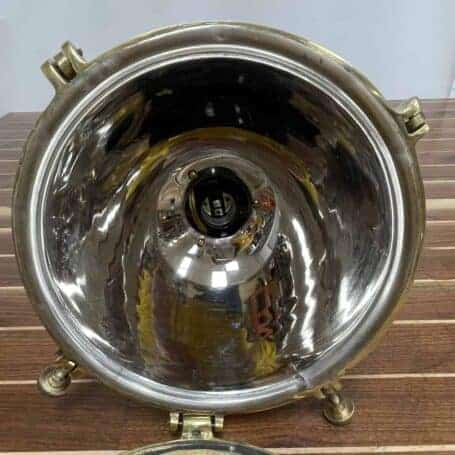 Salvaged-Marine-Pendant-Brass-and-Patinated-Copper-Light-4 Interior view of the light showing reflective inner surface and bulb socket
