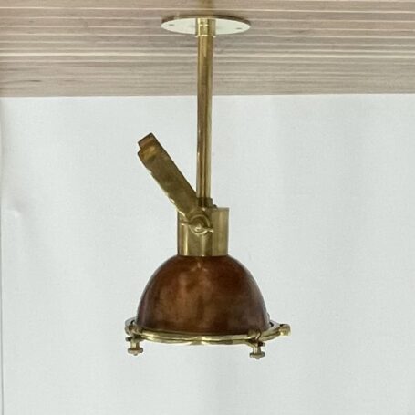 Salvaged-Marine-Pendant-Brass-and-Patinated-Copper-Light Side view of salvaged marine pendant mounted flush to ceiling
