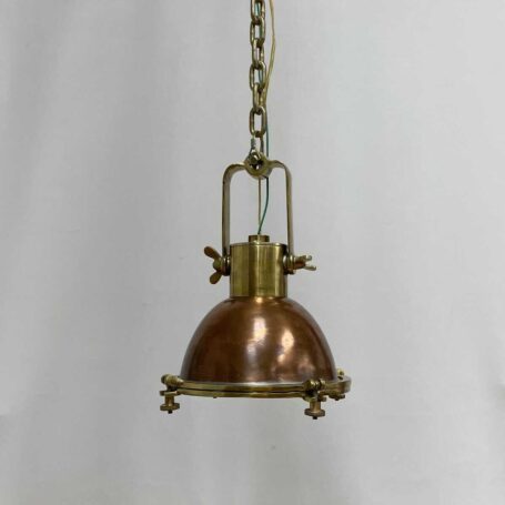 Salvaged-Marine-Pendant-Brass-and-Patinated-Copper-Light-6 Pendant hanging from a chain with visible wiring
