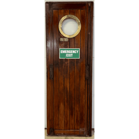 Salvaged Ship Door with Porthole (7) Salvaged Ship Door with Porthole back view with green and white exit sign