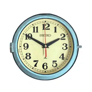 Main: Seiko Blue Grey and Ivory Slave Clock mounted on wall showing full front view