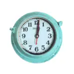 Main Image: Vintage Seiko wall clock with seafoam metal case and white face, front view