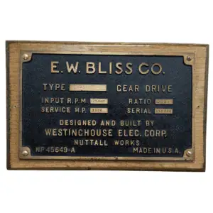 Vintage Westinghouse Brass Nameplate - E.W. Bliss Co Industrial Plate