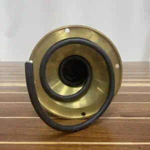 Underside of a brass nautical pedestal light displaying the wiring and mounting base.