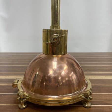 Copper and Brass Nautical Pendant Light with Downrod (4) Close-up of Copper and Brass Nautical Pendant Light showing brass collar and mounting hardware