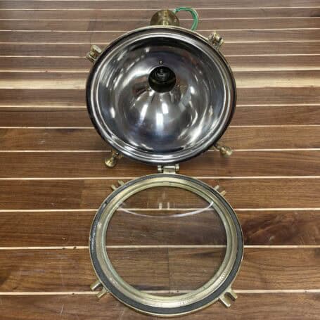 Copper and Brass Nautical Pendant Light with Downrod (6) Open Copper and Brass Nautical Pendant Light showing lens and interior bulb housing