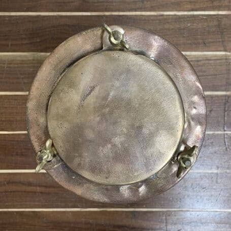 Vintage Brass Post Light with Clear Fresnel Lens Top view of brass lid showing patina and wingnut hardware