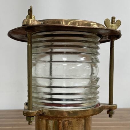 Vintage Brass Post Light with Clear Fresnel Lens Close-up of clear Fresnel lens on vintage brass post light