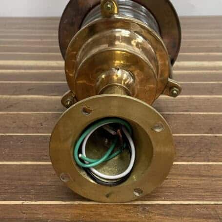 Vintage Brass Post Light with Clear Fresnel Lens Wiring and base of vintage brass post light with clear Fresnel lens