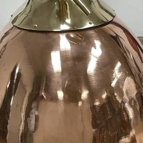 Large Copper and Brass Pendant Light with WISKA Stamped Rim (5) Detailed shot of upper section on large copper and brass pendant light showing brass top.