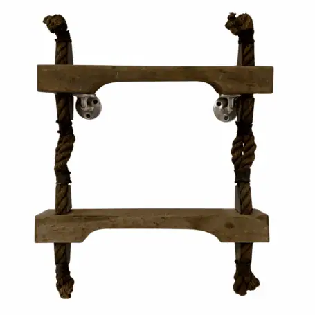 Salvaged 2-step nautical rope ladder on white background