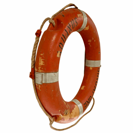 Salvaged Aquanus Ship Life Ring (2) ide profile of orange ship life ring with rope and reflective strips intact