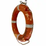 Side angle of Salvaged Aquanus Ship Life Ring showing polyethylene surface and rope detail
