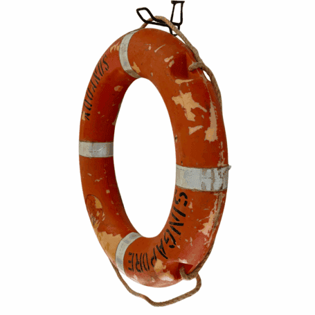Salvaged Aquanus Ship Life Ring (3) Side angle of Salvaged Aquanus Ship Life Ring showing polyethylene surface and rope detail