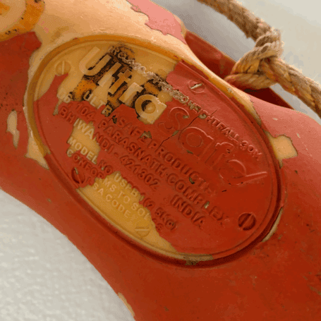 Salvaged Aquanus Ship Life Ring (4) Close-up of Ultra Safe Bhiwandi India maker’s marking on life ring