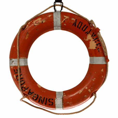 Salvaged Aquanus Ship Life Ring (5) Back view of orange-painted life ring with visible aging and wear