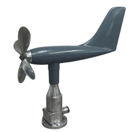 Salvaged Marine Fan Anemometer Wind Speed Transmitter (2) Side profile showing gray-blue body, long tail, and aluminum pedesta