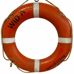 Front view of Salvaged Wida Basseterre Ship Life Ring with orange finish and black lettering