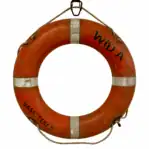 Back view of orange polypropylene life ring with scuffs and markings from use