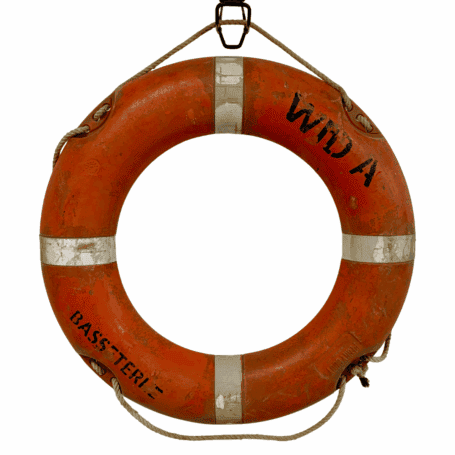 Salvaged Wida Ship Life Ring (4) Back view of orange polypropylene life ring with scuffs and markings from use
