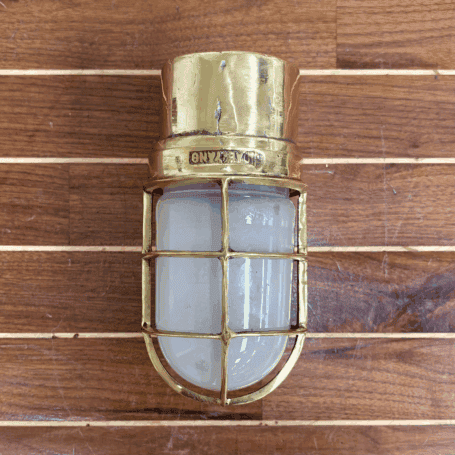 Solid Brass Dock Light with Frosted Glass Globe (5) Front view of solid brass frosted globe dock light on white background