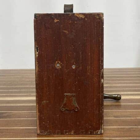 Vintage Norwegian Pattern Rotary Foghorn - Non-Functional (3) Rear panel of vintage rotary foghorn showing missing hardware and wood damage.