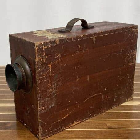Vintage Norwegian Pattern Rotary Foghorn - Non-Functional (5) Angled view of old wooden foghorn box with metal horn and heavy surface wear.