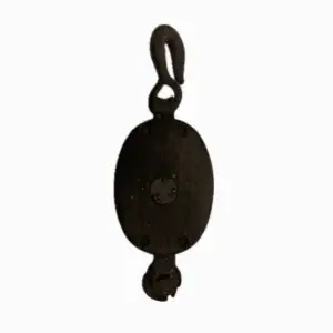 front view of single sheave wood block pulley showing cracked wood