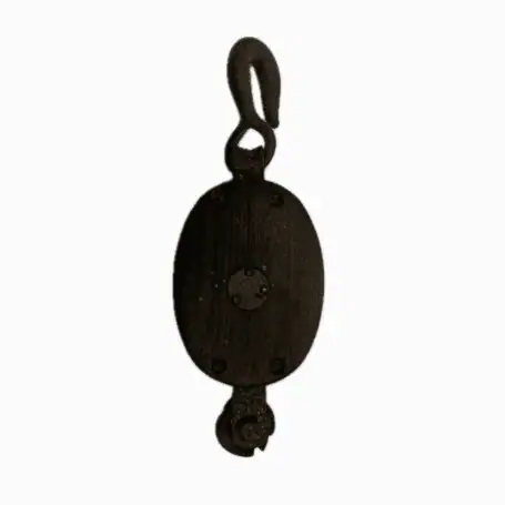 front view of single sheave wood block pulley showing cracked wood