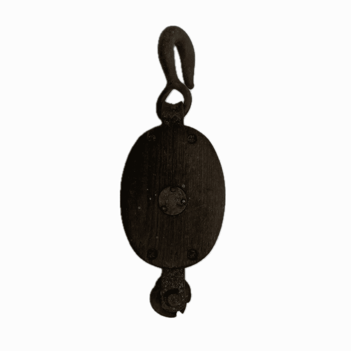 Single Sheave Wood Block Pulley - Great Lakes Salvage front view of single sheave wood block pulley showing cracked wood