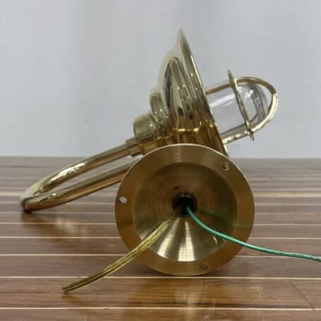 Solid Brass Gooseneck Wall Light with Rain Cap (2) back view of brass gooseneck wall light showing wiring and mounting plate