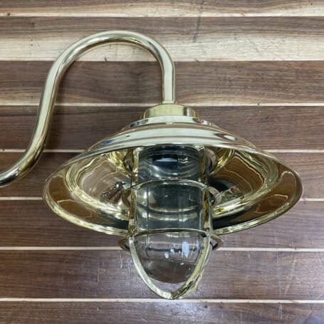 Solid Brass Gooseneck Wall Light with Rain Cap (3) underside view of brass gooseneck wall light showing the glass cage