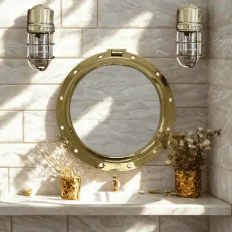 Nautical-style bathroom with round porthole mirror and brass lighting installed