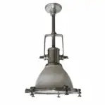 Installed view of ceiling-mounted pendant light with polished aluminum and white shade