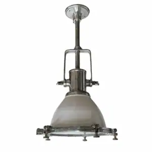 Installed view of ceiling-mounted pendant light with polished aluminum and white shade