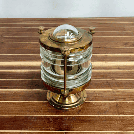 Brass Fresnel Globe Ship Navigation Light (2) side view of ribbed clear glass marine globe on brass post light