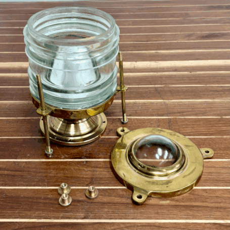 Brass Fresnel Globe Ship Navigation Light (7) Marine-style brass light disassembled to show glass globe and hardwar