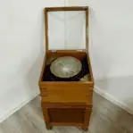 Henry Browne Marine Compass with Stand front view with top lid open displaying internal brass gimbal