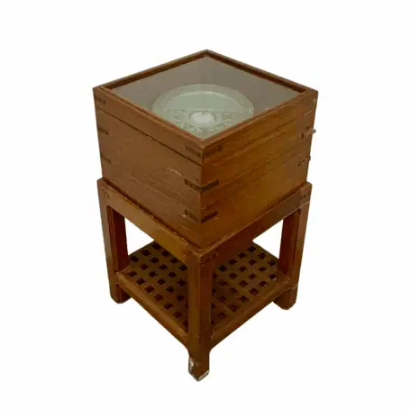 Henry Browne Marine Compass with Stand showing main view under glass in wooden box