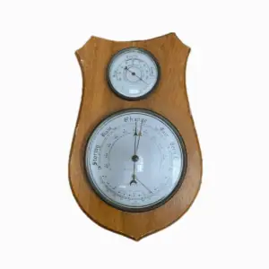 Vintage weather station with hygrometer and barometer on wooden plaque – front view