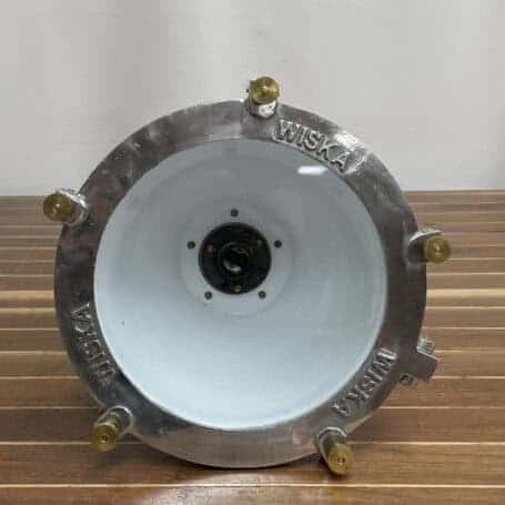 Industrial Pendant Light with White Aluminum Shade Bottom view of industrial pendant light showing WISKA branding and interior socket