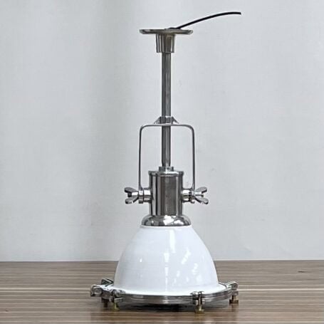 Industrial Pendant Light with White Aluminum Shade Side view of industrial pendant light showing brass thumbscrews and wingnut hardware