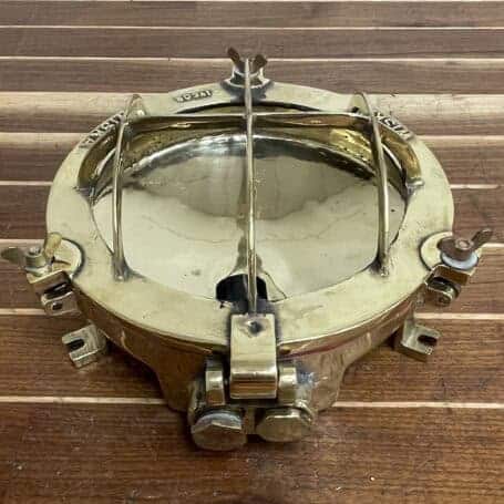 Solid Brass Ceiling Light - WISKA Flush Mount (No Glass) 04 brass ceiling light top view with protective cage removed